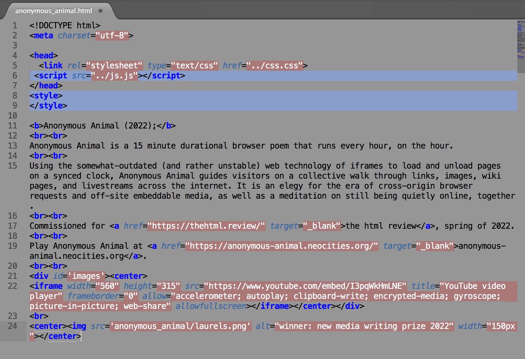 html code for the anonymous animal page